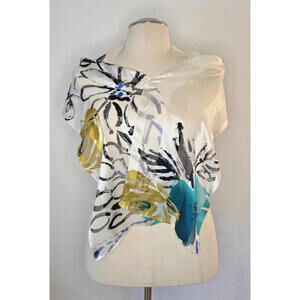 Jones New York Silk White Brush Stroke Floral Scarf 10"x60" EUC